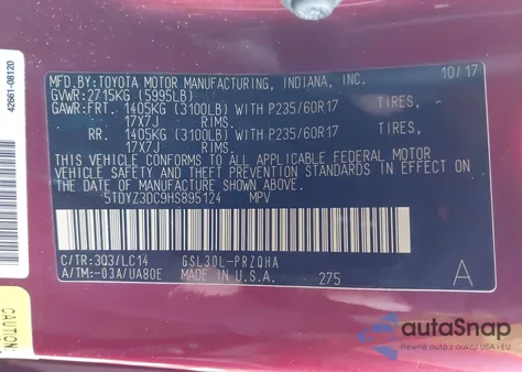 2017 Toyota Sienna Xle 8 Passenger z USA, uszkodzony, nr VIN 5TDYZ3DC9HS895124